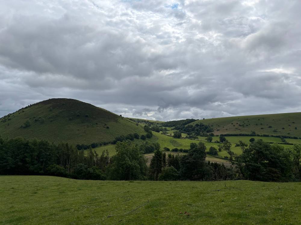a countryside scene with a hill on the left, trees and shrubs. a dark cloudy sky above